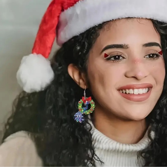 Peacock Christmas Wreath Wooden Earrings - Picture 1 of 6